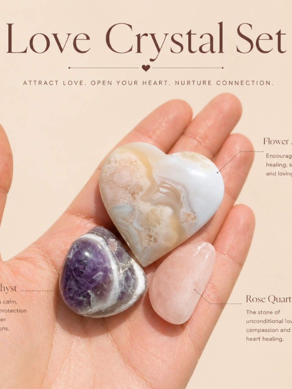 Love Crystal Set • Flower Cherry Blossom Agate Heart , Rose Quartz ,  Amethyst